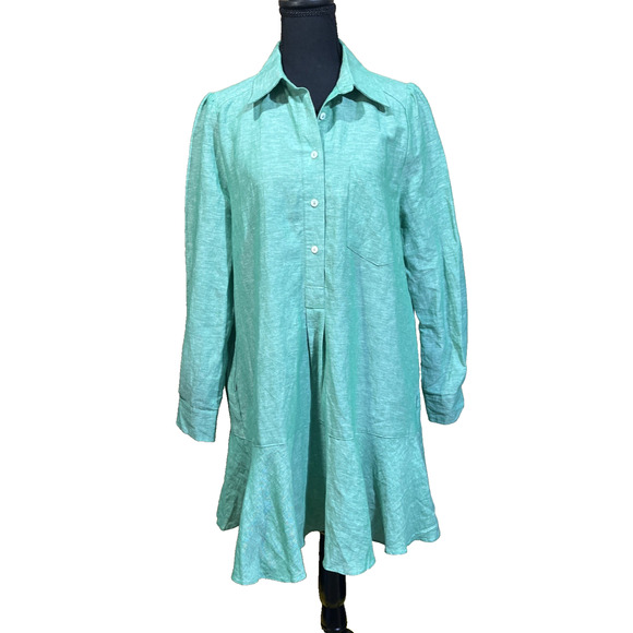 Tuckernuck Sea Green Callahan Mini Shirt Dress Linen Blend Medium Ruffle Preppy - Picture 1 of 13